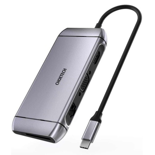 Choetech 9in1 USB Type C HUB 3x USB 3.2 Gen 1 / SD and TF Card Reader / HDMI 4K 30Hz / VGA Full HD 60Hz / USB Type C / RJ45 - Grey HUB-M15