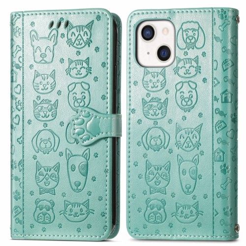 Θήκη Wallet iPhone 13 mini - Cat and Dog Green